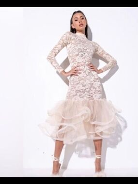Long Sleeve Lace Mermaid Dress in Blush Pink - Women Dresses